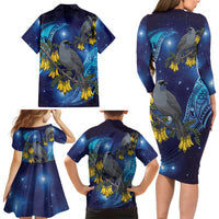 New Zealand Kokako Bird Family Matching Long Sleeve Bodycon Dress and Hawaiian Shirt Kowhai Galaxy Style Polynesian Pattern LT22 - Polynesian Pride