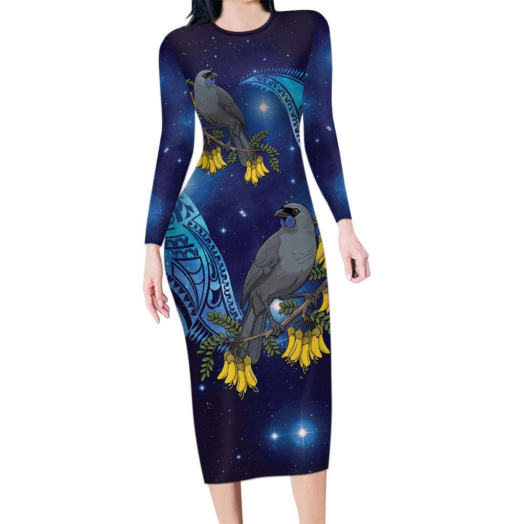 New Zealand Kokako Bird Family Matching Long Sleeve Bodycon Dress and Hawaiian Shirt Kowhai Galaxy Style Polynesian Pattern LT22 Mom's Dress Blue - Polynesian Pride