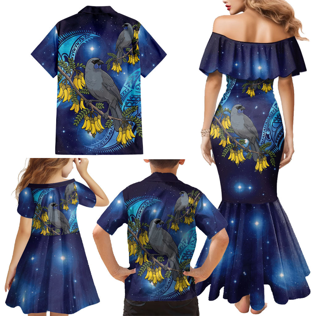 New Zealand Kokako Bird Family Matching Mermaid Dress and Hawaiian Shirt Kowhai Galaxy Style Polynesian Pattern LT22 - Polynesian Pride