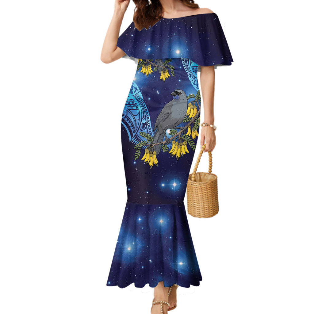 New Zealand Kokako Bird Family Matching Mermaid Dress and Hawaiian Shirt Kowhai Galaxy Style Polynesian Pattern LT22 Mom's Dress Blue - Polynesian Pride