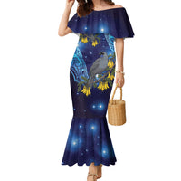 New Zealand Kokako Bird Family Matching Mermaid Dress and Hawaiian Shirt Kowhai Galaxy Style Polynesian Pattern LT22 Mom's Dress Blue - Polynesian Pride