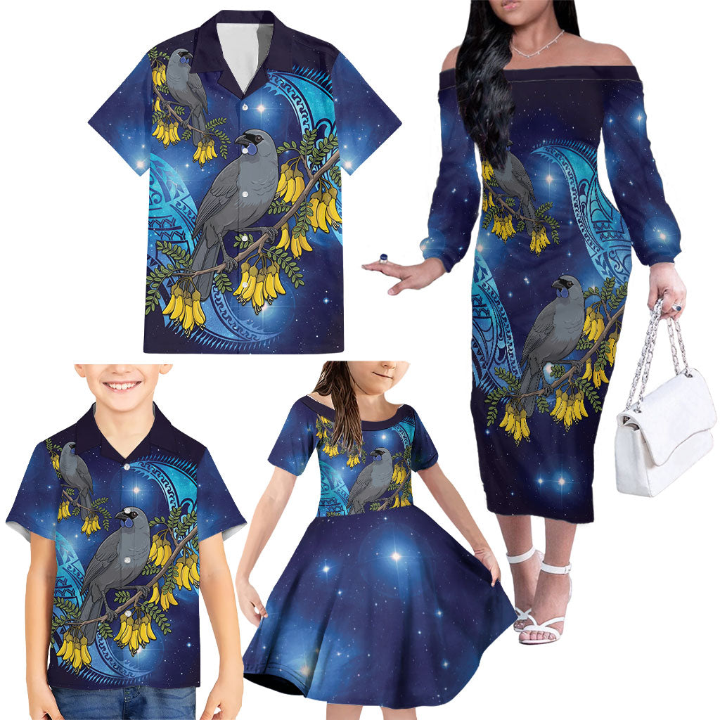 New Zealand Kokako Bird Family Matching Off The Shoulder Long Sleeve Dress and Hawaiian Shirt Kowhai Galaxy Style Polynesian Pattern LT22 - Polynesian Pride