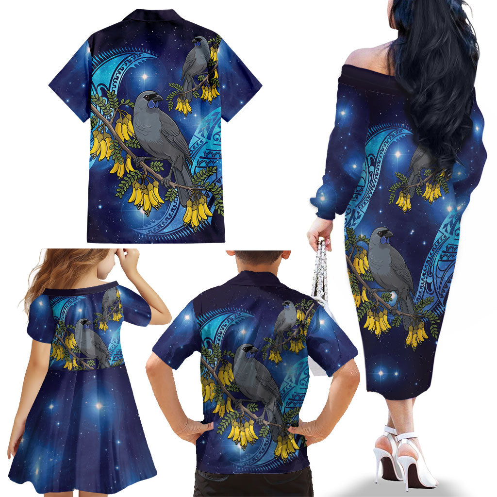 New Zealand Kokako Bird Family Matching Off The Shoulder Long Sleeve Dress and Hawaiian Shirt Kowhai Galaxy Style Polynesian Pattern LT22 - Polynesian Pride