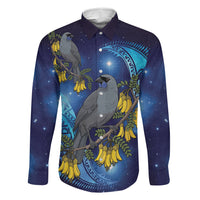 New Zealand Kokako Bird Family Matching Off The Shoulder Long Sleeve Dress and Hawaiian Shirt Kowhai Galaxy Style Polynesian Pattern LT22 Dad's Shirt - Long Sleeve Blue - Polynesian Pride