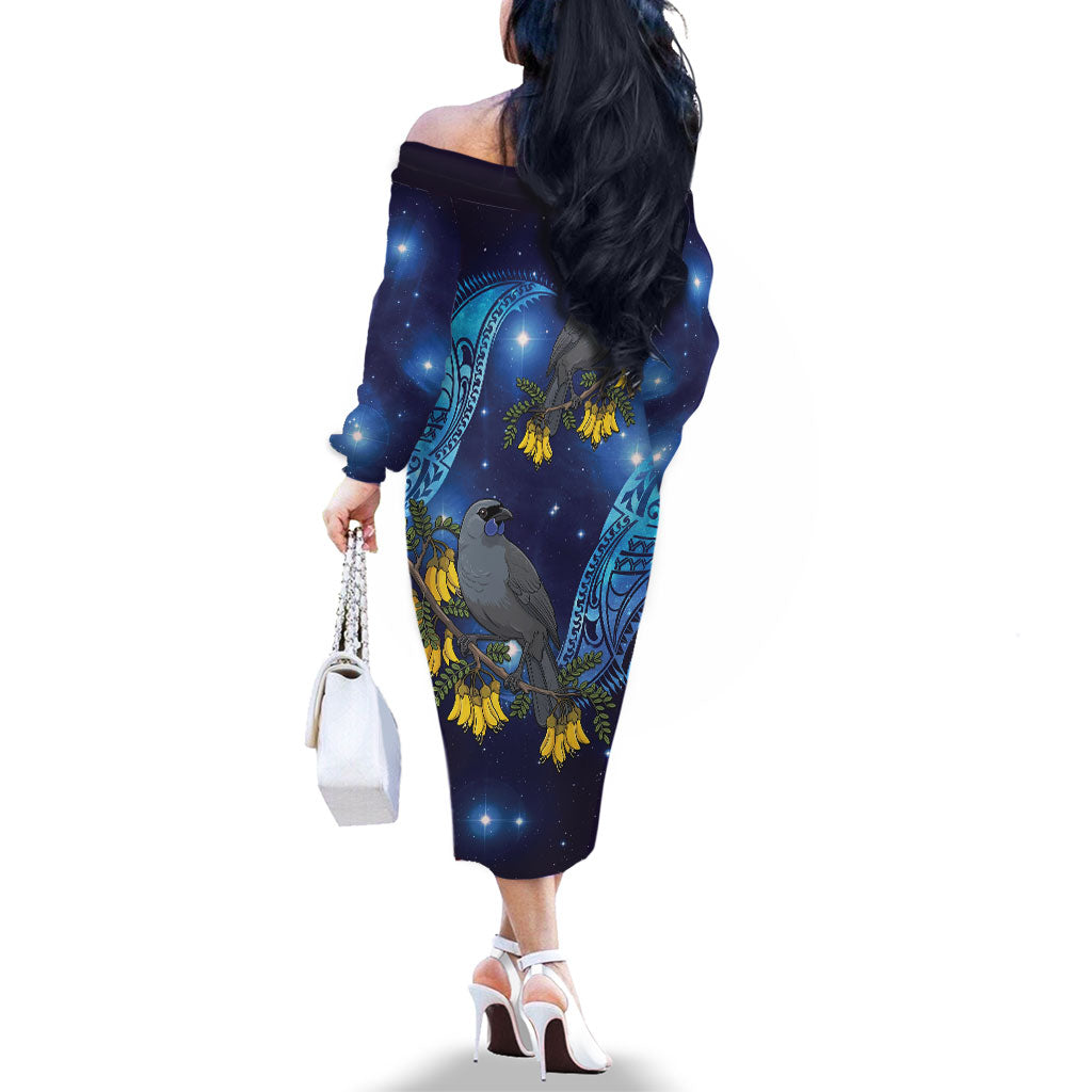 New Zealand Kokako Bird Family Matching Off The Shoulder Long Sleeve Dress and Hawaiian Shirt Kowhai Galaxy Style Polynesian Pattern LT22 - Polynesian Pride