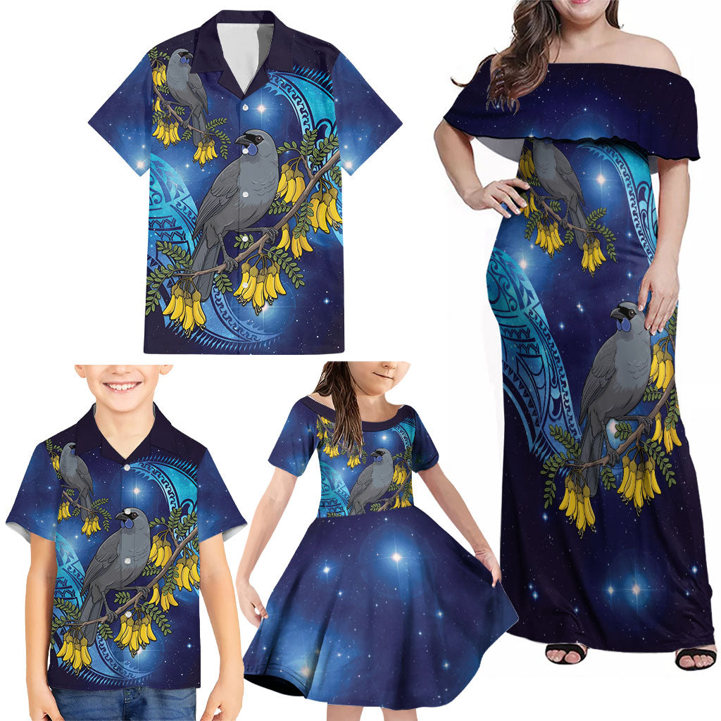 New Zealand Kokako Bird Family Matching Off Shoulder Maxi Dress and Hawaiian Shirt Kowhai Galaxy Style Polynesian Pattern LT22 - Polynesian Pride