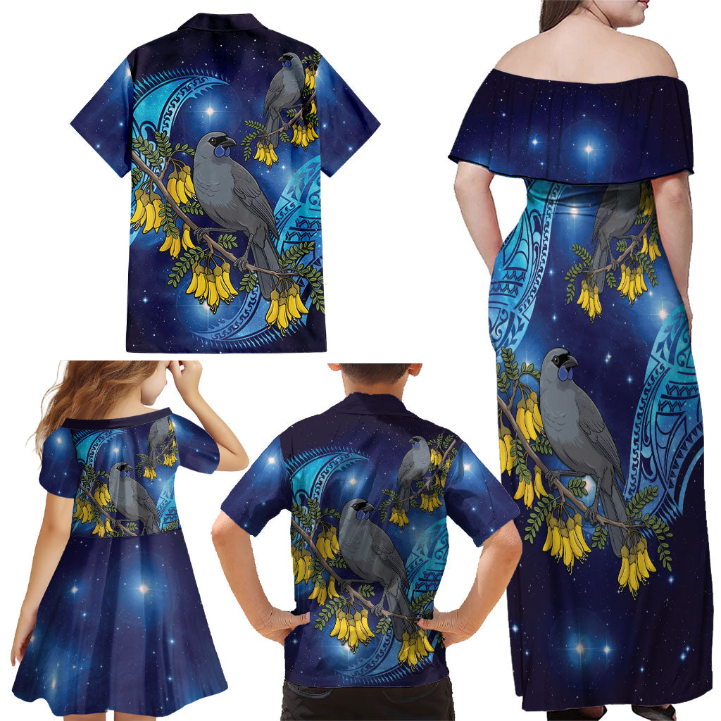 New Zealand Kokako Bird Family Matching Off Shoulder Maxi Dress and Hawaiian Shirt Kowhai Galaxy Style Polynesian Pattern LT22 - Polynesian Pride