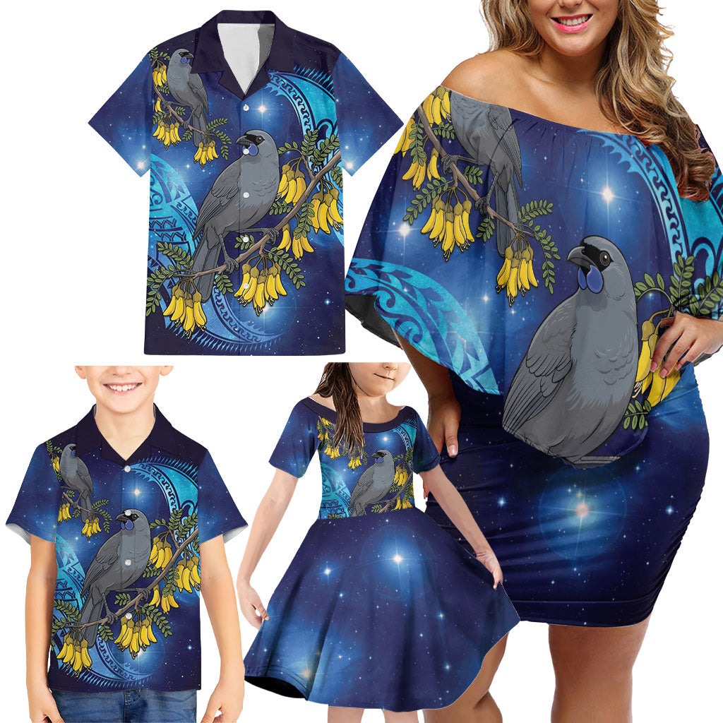 New Zealand Kokako Bird Family Matching Off Shoulder Short Dress and Hawaiian Shirt Kowhai Galaxy Style Polynesian Pattern LT22 - Polynesian Pride