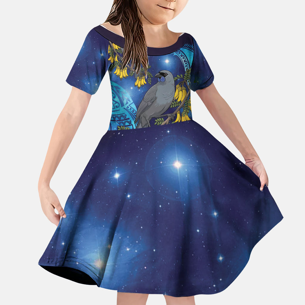 New Zealand Kokako Bird Family Matching Short Sleeve Bodycon Dress and Hawaiian Shirt Kowhai Galaxy Style Polynesian Pattern LT22 Daughter's Dress Blue - Polynesian Pride