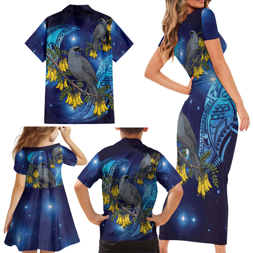 New Zealand Kokako Bird Family Matching Short Sleeve Bodycon Dress and Hawaiian Shirt Kowhai Galaxy Style Polynesian Pattern LT22 - Polynesian Pride