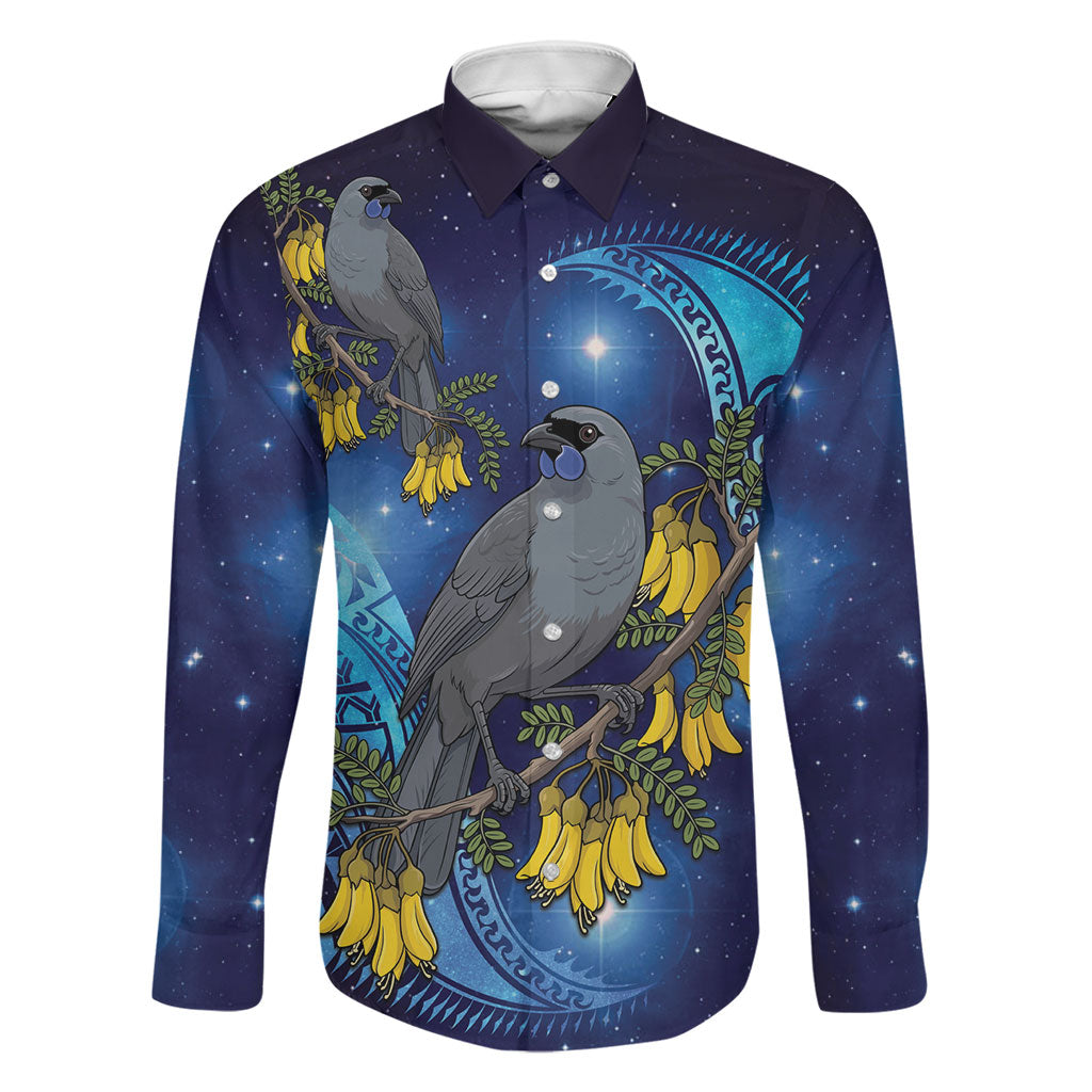 New Zealand Kokako Bird Family Matching Short Sleeve Bodycon Dress and Hawaiian Shirt Kowhai Galaxy Style Polynesian Pattern LT22 Dad's Shirt - Long Sleeve Blue - Polynesian Pride