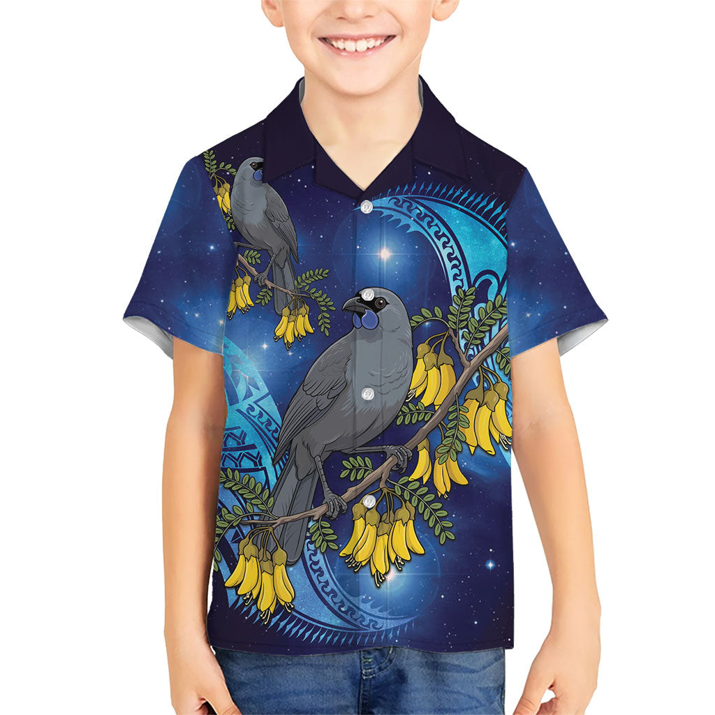 New Zealand Kokako Bird Family Matching Short Sleeve Bodycon Dress and Hawaiian Shirt Kowhai Galaxy Style Polynesian Pattern LT22 Son's Shirt Blue - Polynesian Pride