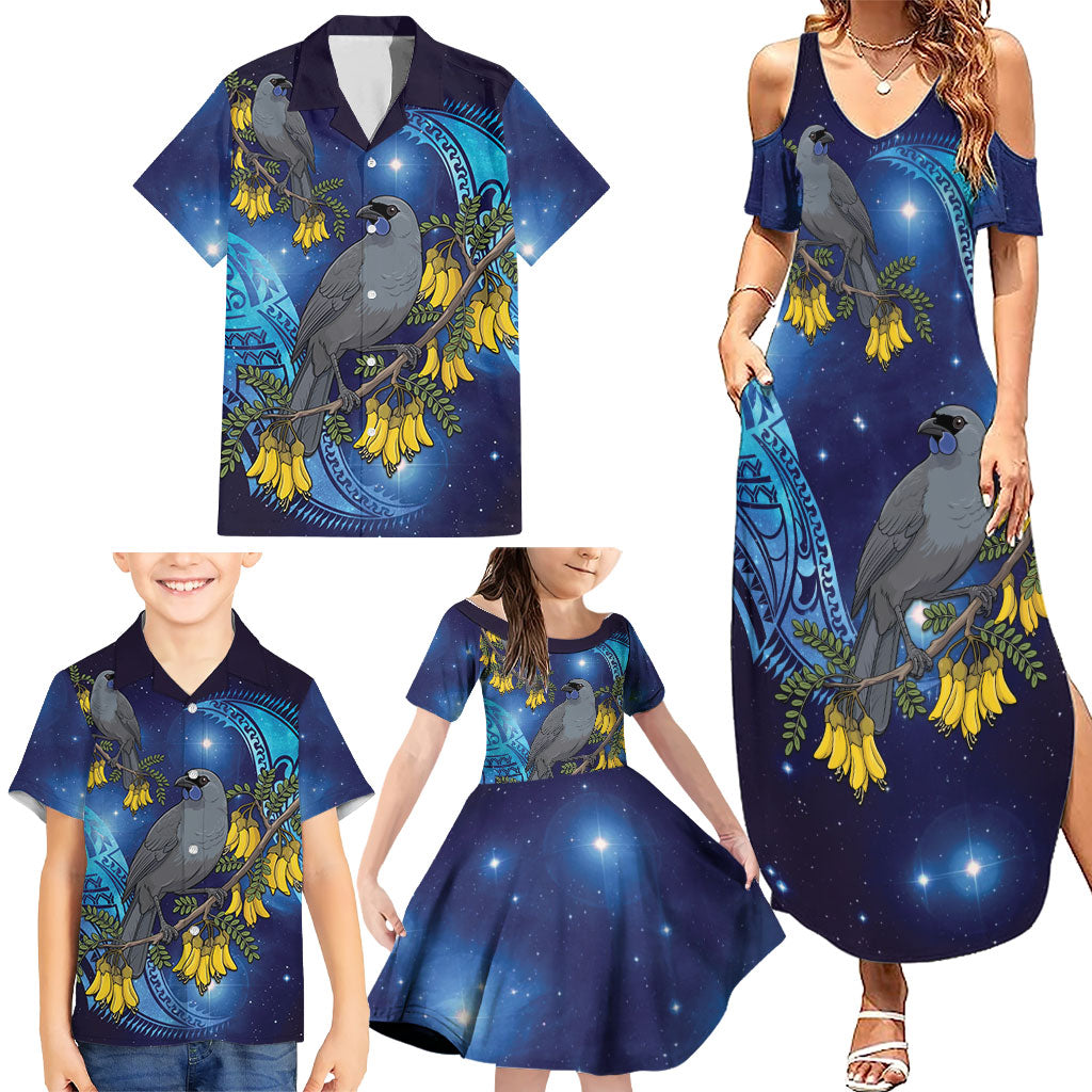 New Zealand Kokako Bird Family Matching Summer Maxi Dress and Hawaiian Shirt Kowhai Galaxy Style Polynesian Pattern LT22 - Polynesian Pride