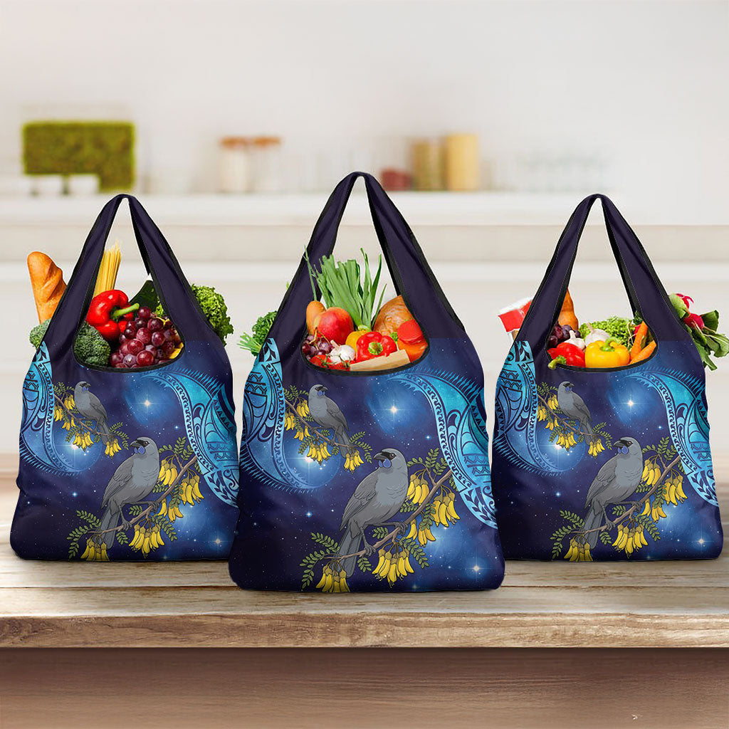 New Zealand Kokako Bird Grocery Bag Kowhai Galaxy Style Polynesian Pattern LT22 3-pack One Size Blue - Polynesian Pride