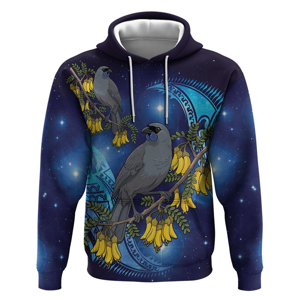 New Zealand Kokako Bird Hoodie Kowhai Galaxy Style Polynesian Pattern LT22 Pullover Hoodie Blue - Polynesian Pride