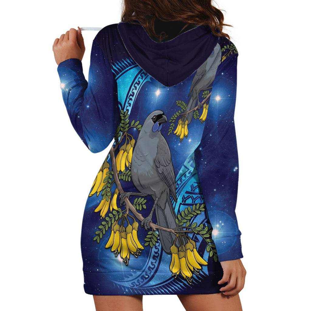 New Zealand Kokako Bird Hoodie Dress Kowhai Galaxy Style Polynesian Pattern LT22 - Polynesian Pride