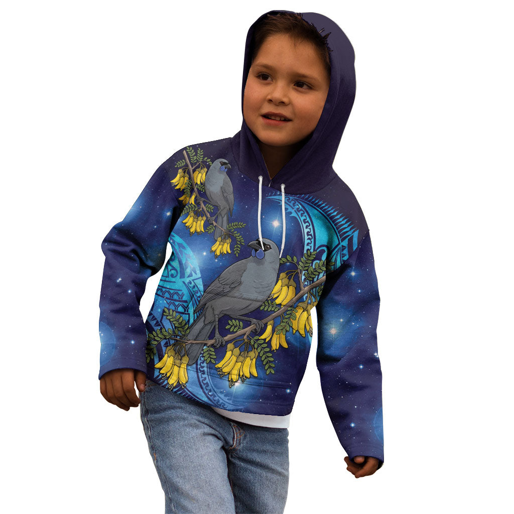 New Zealand Kokako Bird Kid Hoodie Kowhai Galaxy Style Polynesian Pattern LT22 - Polynesian Pride