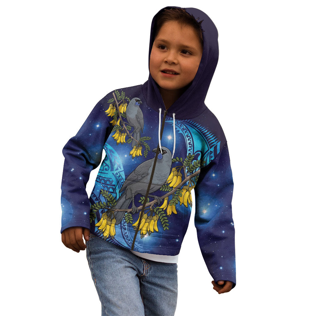 New Zealand Kokako Bird Kid Hoodie Kowhai Galaxy Style Polynesian Pattern LT22 - Polynesian Pride