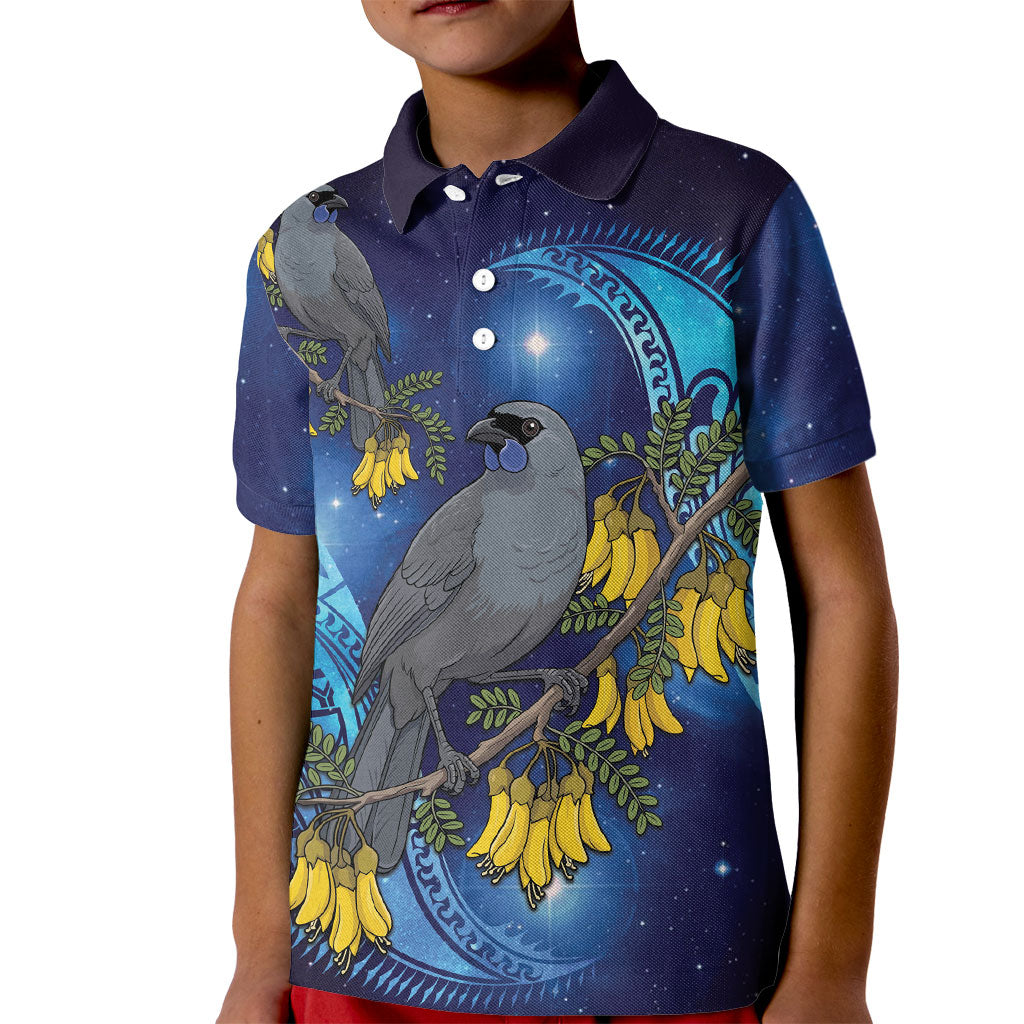 New Zealand Kokako Bird Kid Polo Shirt Kowhai Galaxy Style Polynesian Pattern LT22 Kid Blue - Polynesian Pride