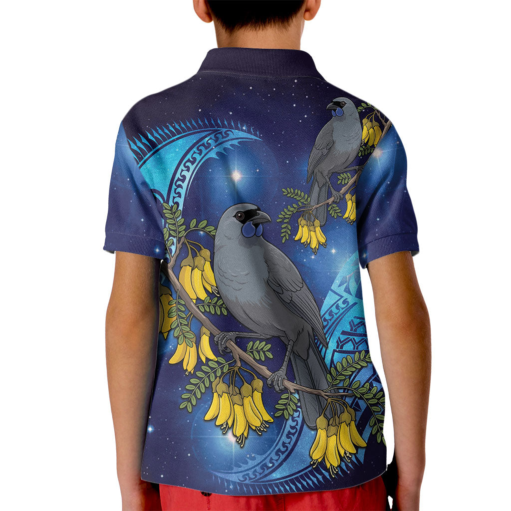 New Zealand Kokako Bird Kid Polo Shirt Kowhai Galaxy Style Polynesian Pattern LT22 - Polynesian Pride
