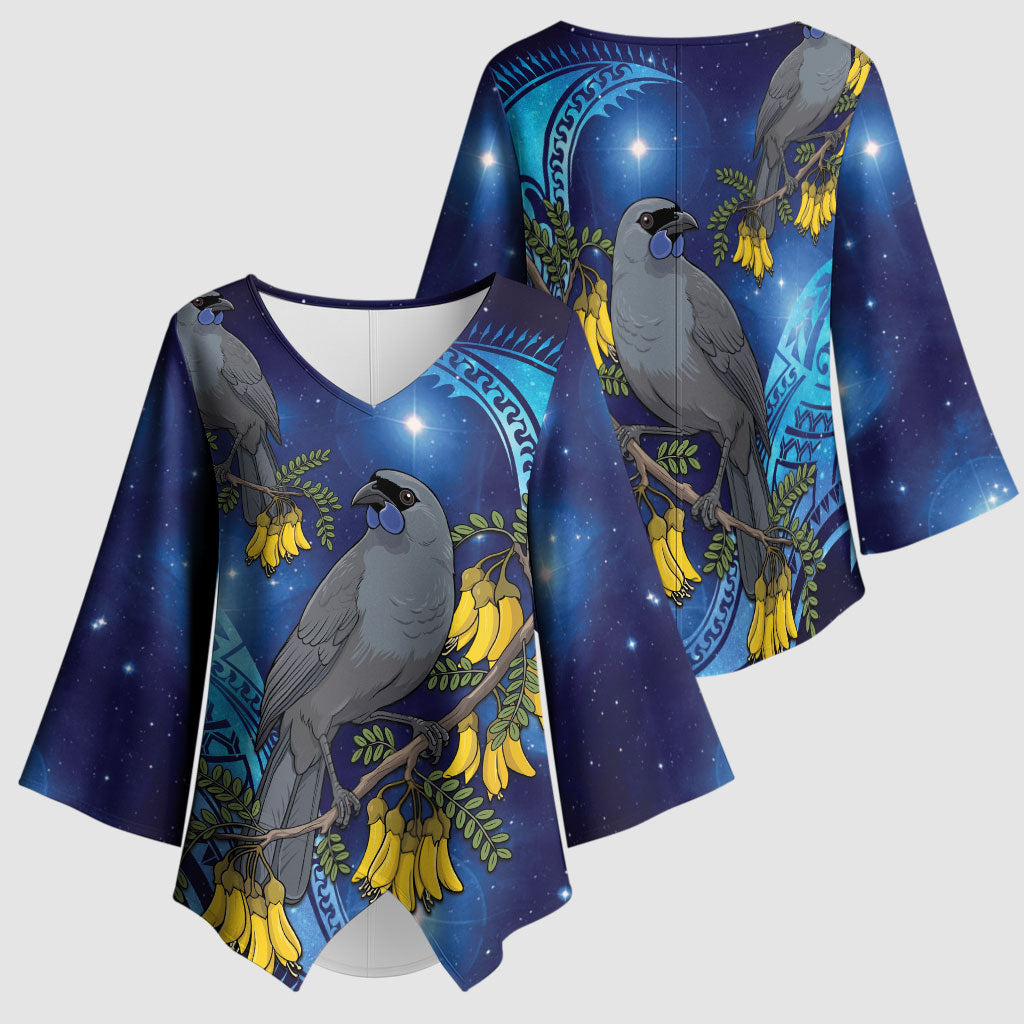New Zealand Kokako Bird Kimono Sleeve Blouse Kowhai Galaxy Style Polynesian Pattern LT22 - Polynesian Pride