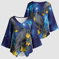 New Zealand Kokako Bird Kimono Sleeve Blouse Kowhai Galaxy Style Polynesian Pattern LT22 - Polynesian Pride
