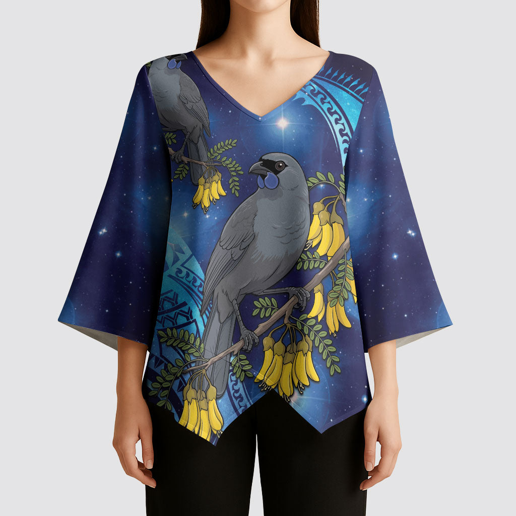 New Zealand Kokako Bird Kimono Sleeve Blouse Kowhai Galaxy Style Polynesian Pattern LT22 - Polynesian Pride
