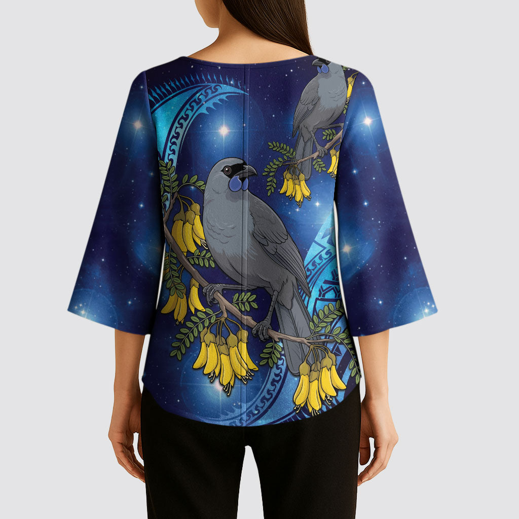 New Zealand Kokako Bird Kimono Sleeve Blouse Kowhai Galaxy Style Polynesian Pattern LT22 - Polynesian Pride