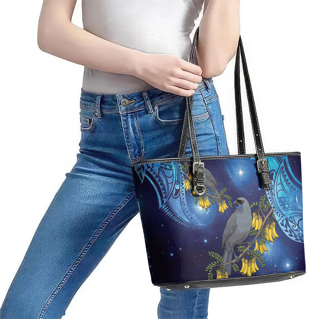 New Zealand Kokako Bird Leather Tote Bag Kowhai Galaxy Style Polynesian Pattern LT22 - Polynesian Pride