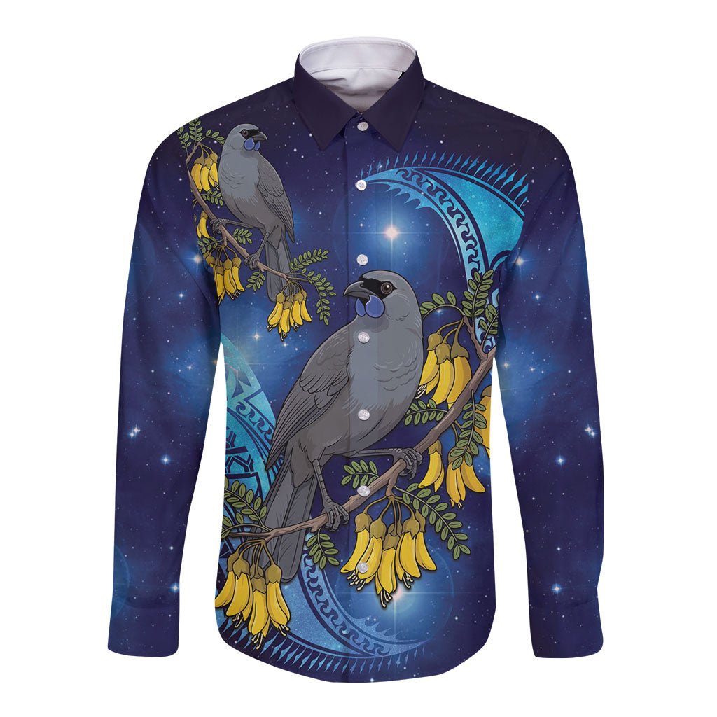 New Zealand Kokako Bird Long Sleeve Button Shirt Kowhai Galaxy Style Polynesian Pattern LT22 Unisex Blue - Polynesian Pride