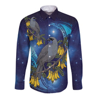 New Zealand Kokako Bird Long Sleeve Button Shirt Kowhai Galaxy Style Polynesian Pattern LT22 Unisex Blue - Polynesian Pride