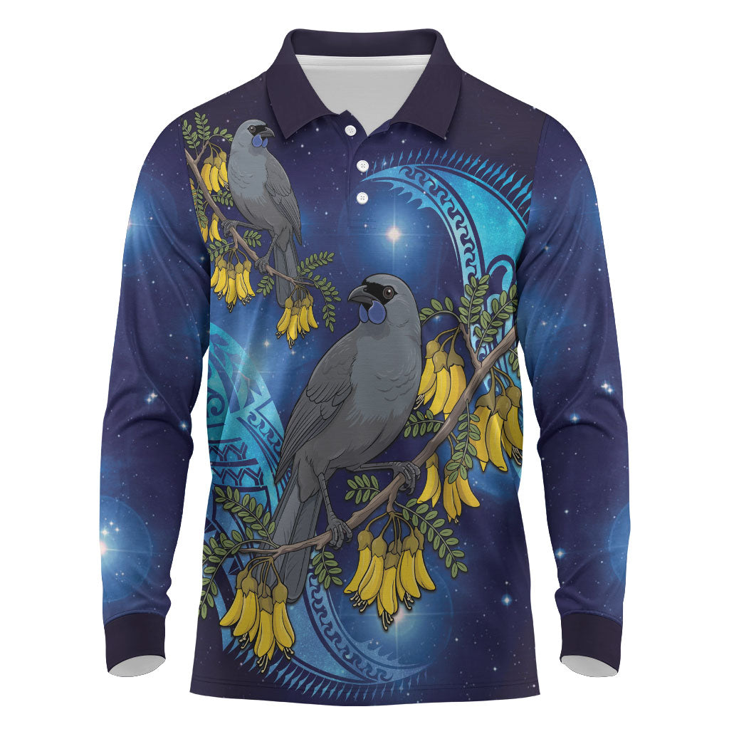 New Zealand Kokako Bird Long Sleeve Polo Shirt Kowhai Galaxy Style Polynesian Pattern LT22 Blue - Polynesian Pride