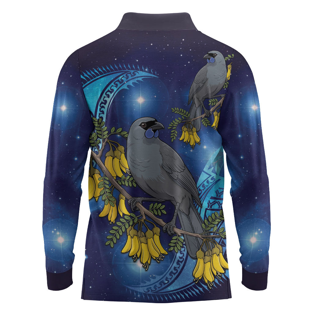 New Zealand Kokako Bird Long Sleeve Polo Shirt Kowhai Galaxy Style Polynesian Pattern LT22 - Polynesian Pride