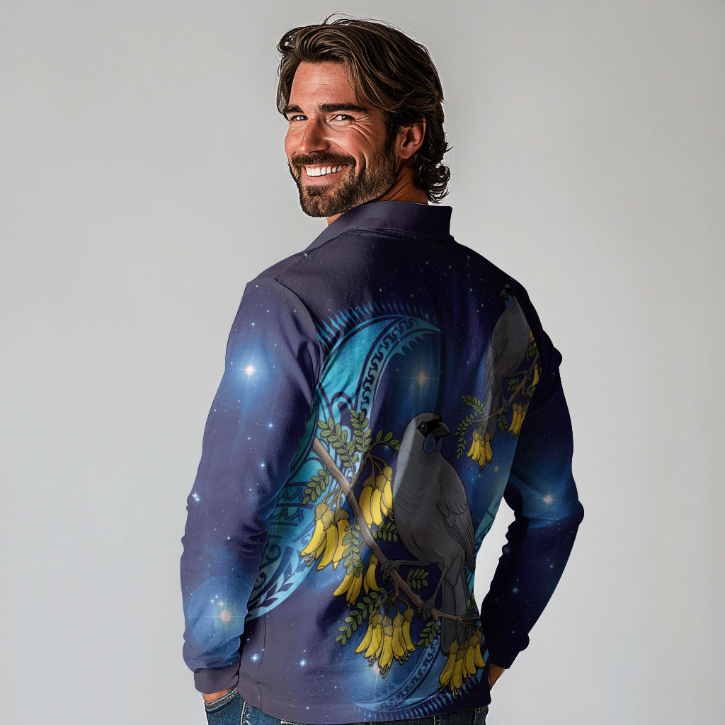 New Zealand Kokako Bird Long Sleeve Polo Shirt Kowhai Galaxy Style Polynesian Pattern LT22 - Polynesian Pride