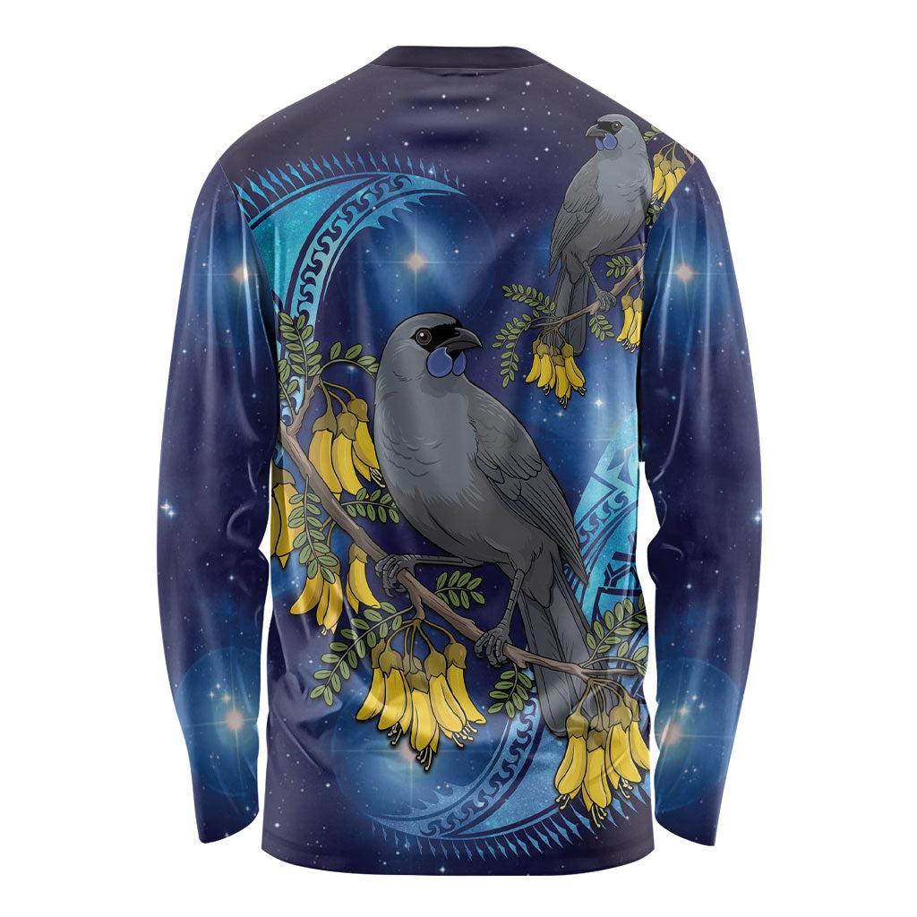 New Zealand Kokako Bird Long Sleeve Shirt Kowhai Galaxy Style Polynesian Pattern LT22 - Polynesian Pride