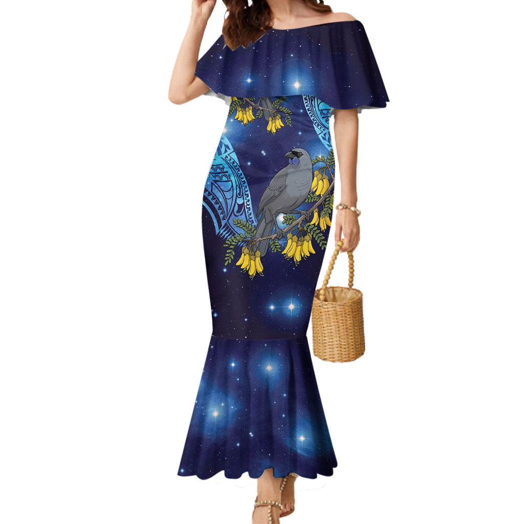 New Zealand Kokako Bird Mermaid Dress Kowhai Galaxy Style Polynesian Pattern LT22 Women Blue - Polynesian Pride