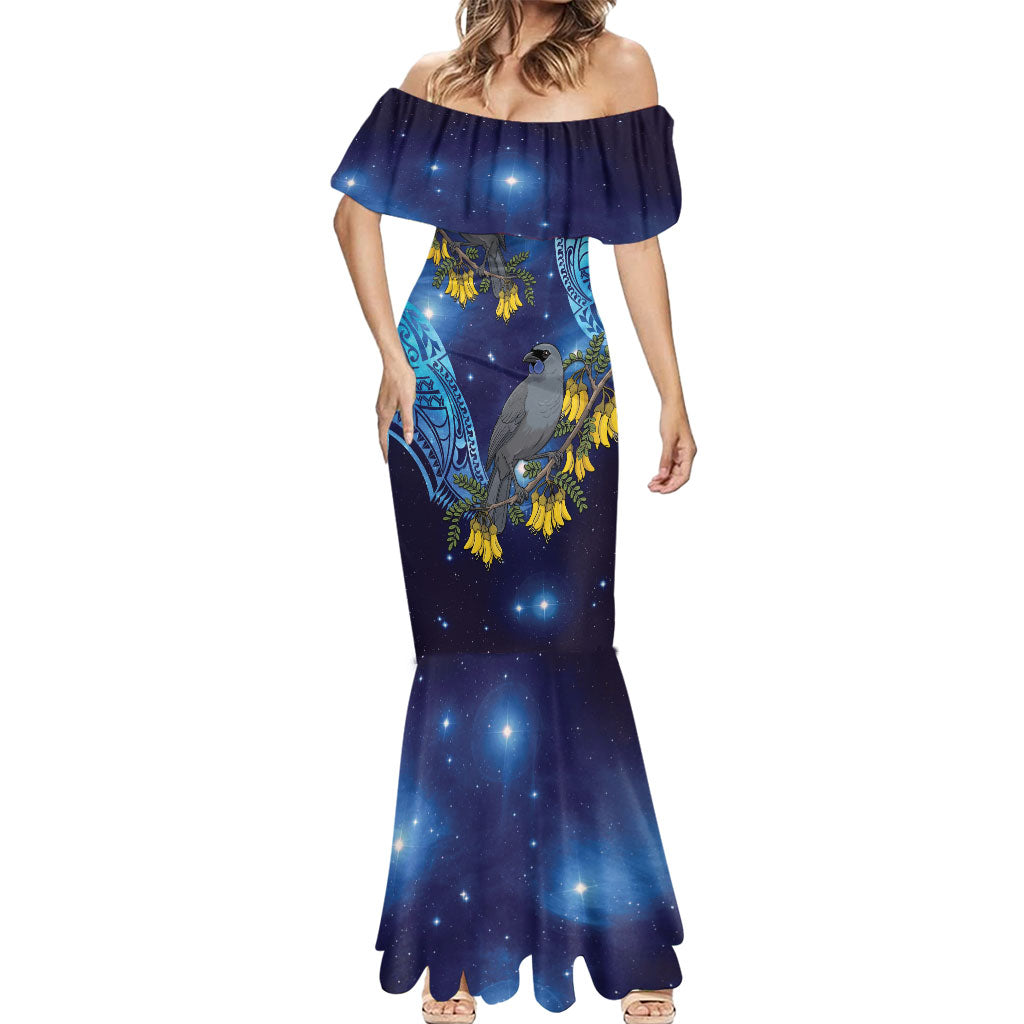 New Zealand Kokako Bird Mermaid Dress Kowhai Galaxy Style Polynesian Pattern LT22 - Polynesian Pride