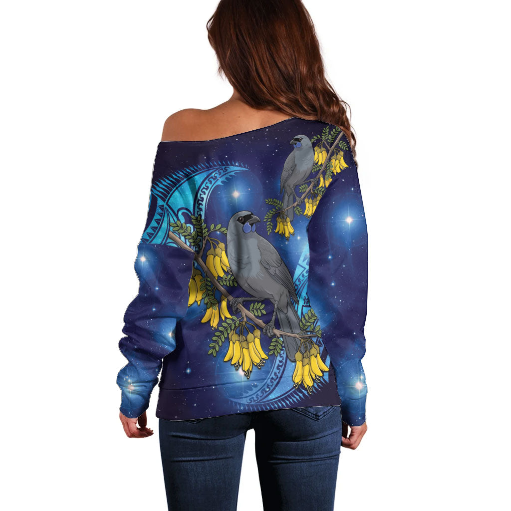 New Zealand Kokako Bird Off Shoulder Sweater Kowhai Galaxy Style Polynesian Pattern LT22 - Polynesian Pride