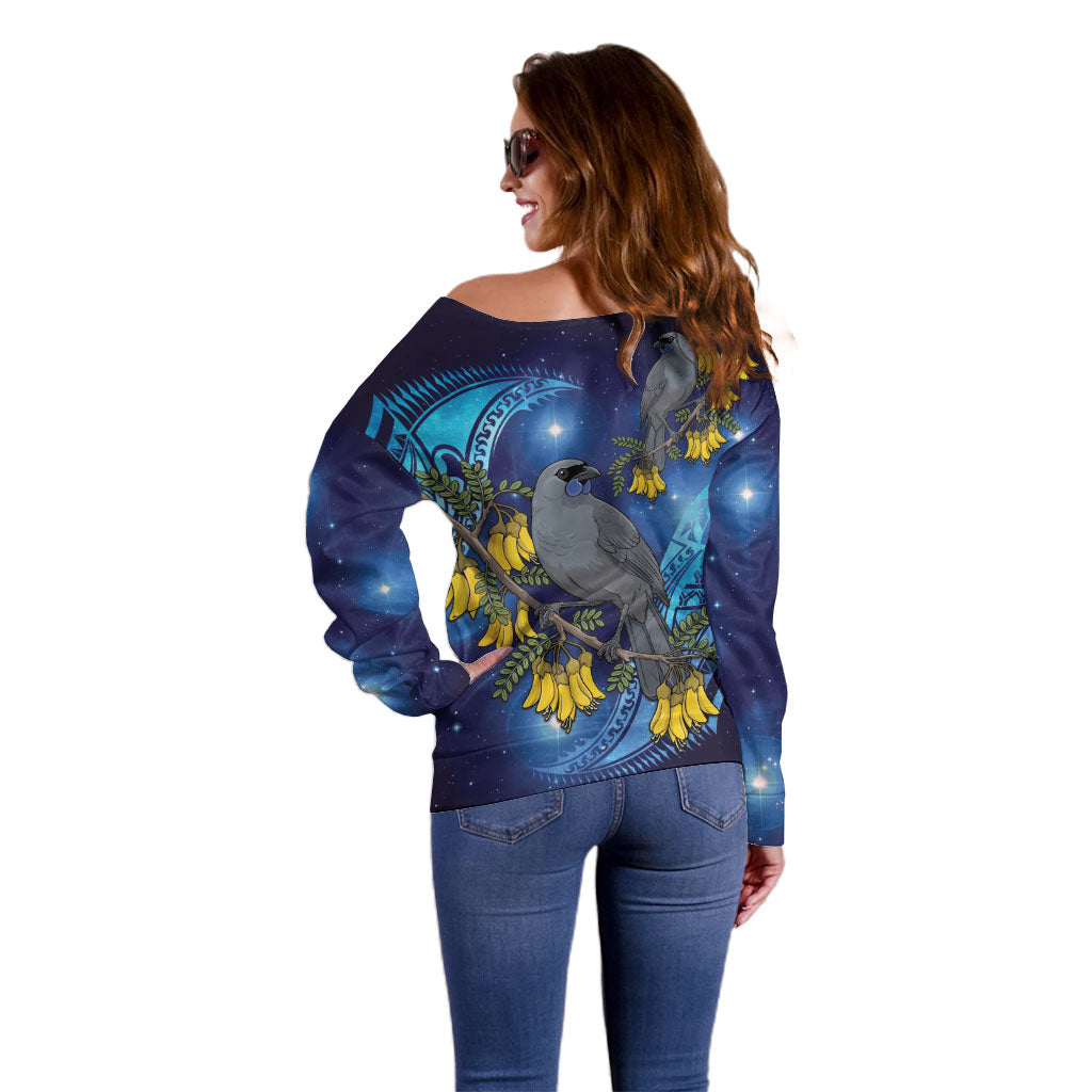 New Zealand Kokako Bird Off Shoulder Sweater Kowhai Galaxy Style Polynesian Pattern LT22 - Polynesian Pride
