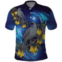New Zealand Kokako Bird Polo Shirt Kowhai Galaxy Style Polynesian Pattern LT22 Blue - Polynesian Pride
