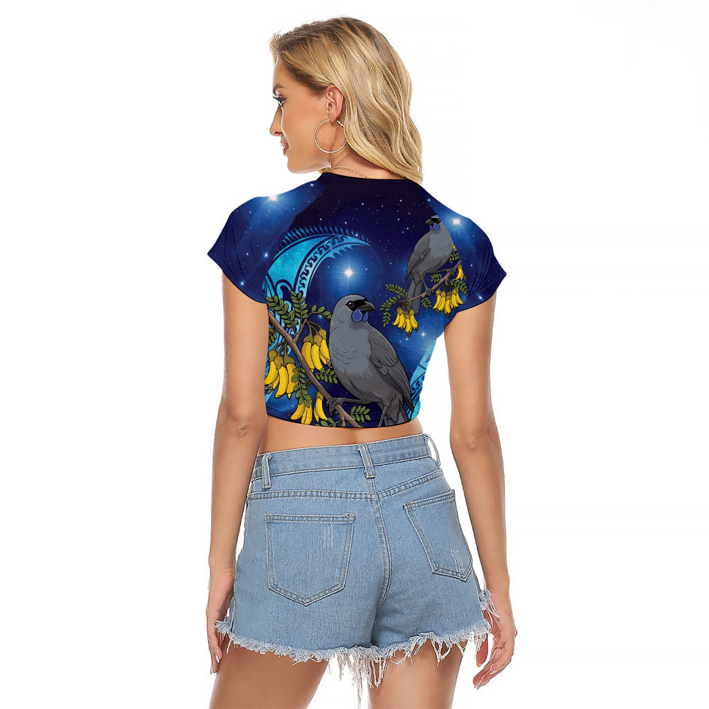 New Zealand Kokako Bird Raglan Cropped T Shirt Kowhai Galaxy Style Polynesian Pattern LT22 - Polynesian Pride