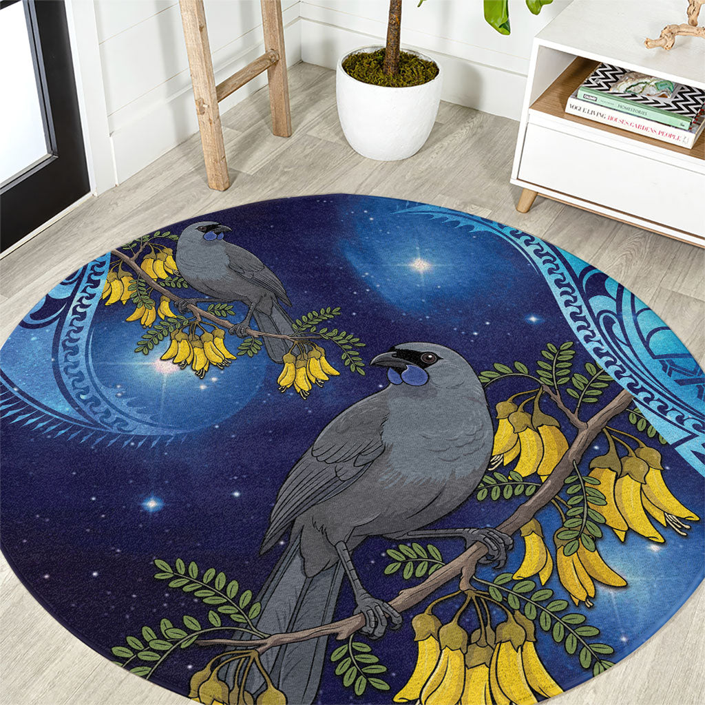 New Zealand Kokako Bird Round Carpet Kowhai Galaxy Style Polynesian Pattern LT22 Blue - Polynesian Pride