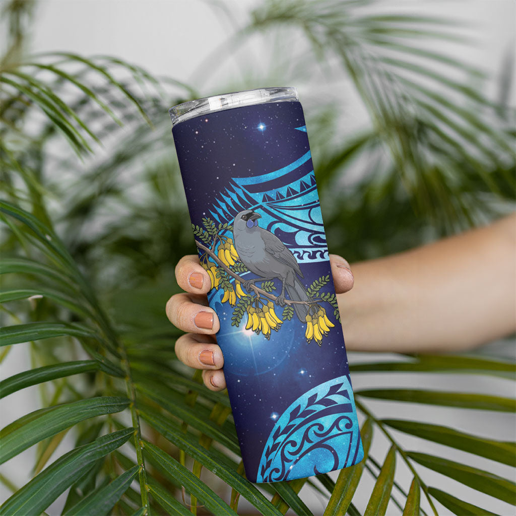 New Zealand Kokako Bird Skinny Tumbler Kowhai Galaxy Style Polynesian Pattern LT22 - Polynesian Pride