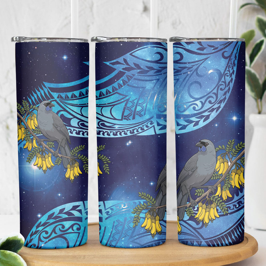 New Zealand Kokako Bird Skinny Tumbler Kowhai Galaxy Style Polynesian Pattern LT22 - Polynesian Pride