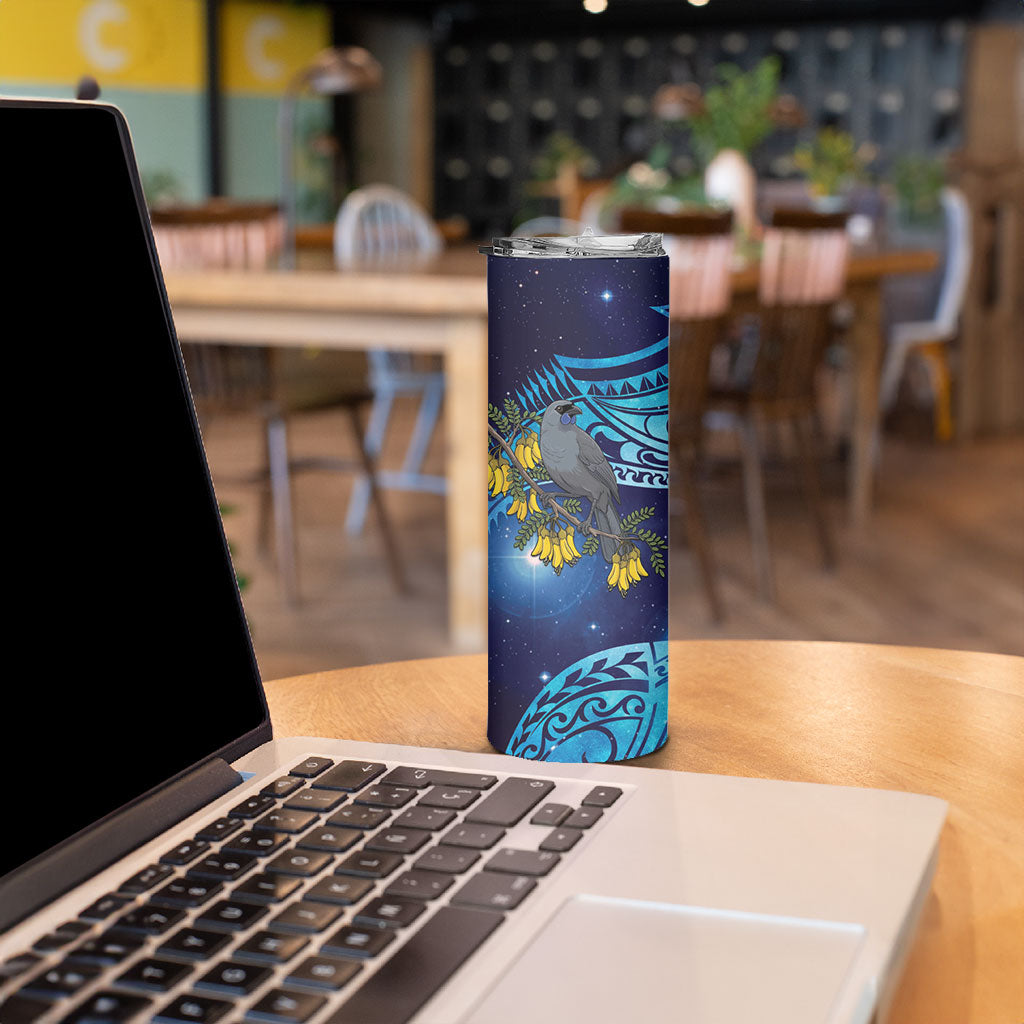 New Zealand Kokako Bird Skinny Tumbler Kowhai Galaxy Style Polynesian Pattern LT22 - Polynesian Pride