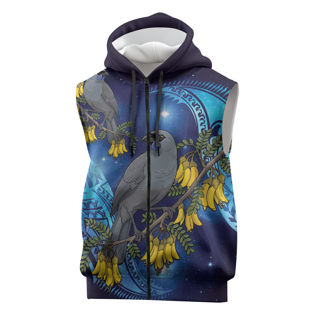 New Zealand Kokako Bird Sleeveless Zip Hoodie Kowhai Galaxy Style Polynesian Pattern LT22 Blue - Polynesian Pride