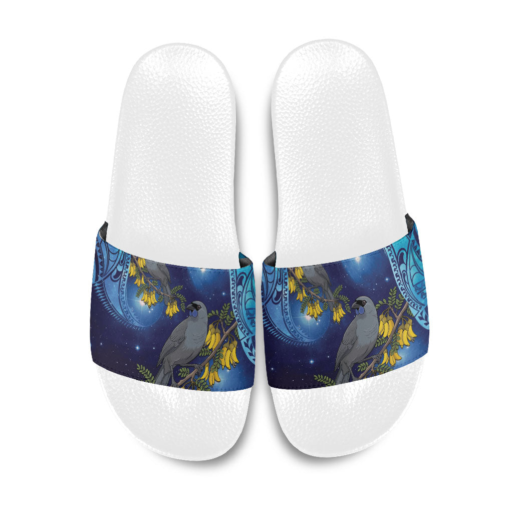 New Zealand Kokako Bird Slide Sandals Kowhai Galaxy Style Polynesian Pattern LT22 Blue - Polynesian Pride