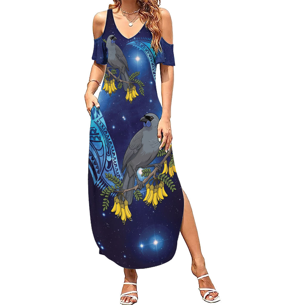 New Zealand Kokako Bird Summer Maxi Dress Kowhai Galaxy Style Polynesian Pattern LT22 Women Blue - Polynesian Pride