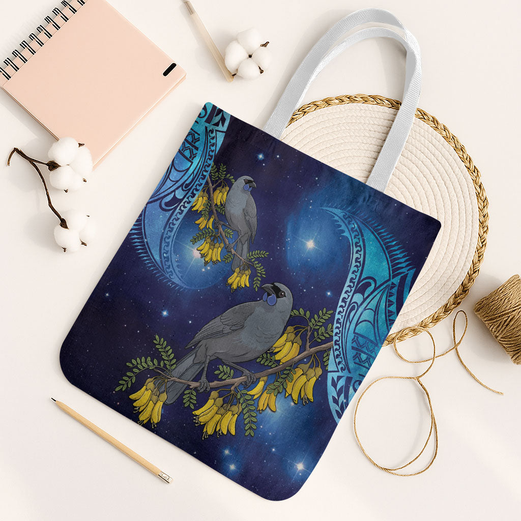New Zealand Kokako Bird Tote Bag Kowhai Galaxy Style Polynesian Pattern LT22 White Strap One Size Blue - Polynesian Pride