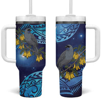 New Zealand Kokako Bird Tumbler With Handle Kowhai Galaxy Style Polynesian Pattern LT22 One Size: 40 oz Blue - Polynesian Pride